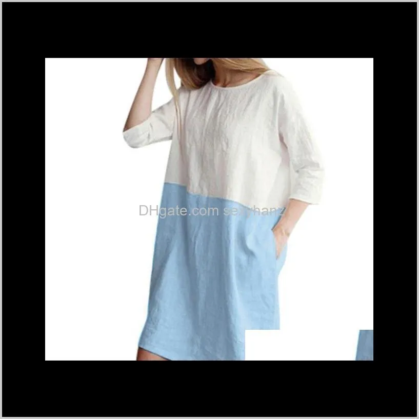 sun dress women summer 2021 casual patchwork 1/2 sleeved cotton linen dress oversize loose pockets tunic women elegant