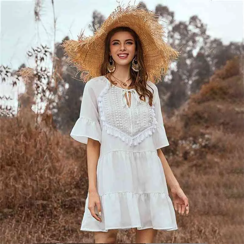 Crochet Tassel White Summer Dress Vintage Bohemian Short Casual Beach Holiday Vestidos 210427