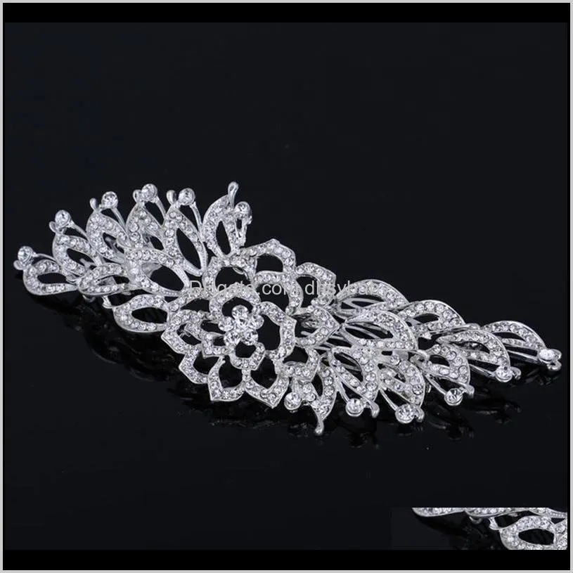 New Elegant Bridal Hair Comb Tiara Silver Color Long Leaf Flower Big Headpiece Wedding Hair Comb Accessories Jewelry for Women