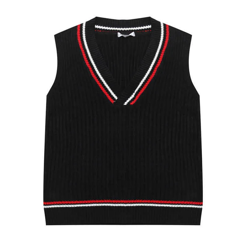 PERHAPS U Women Vest Sweater V Neck Knitted Pullovers Sleeveless Black White Stripe Splicing Winter Preppy Style M0141 210529