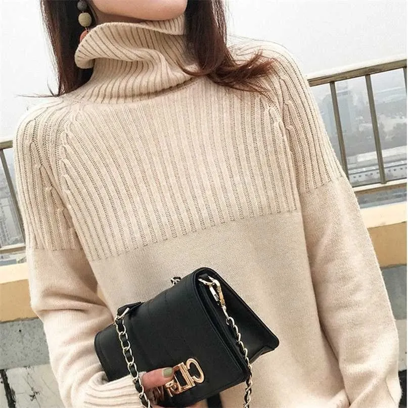 Dames Trui Fall Winter Turtleneck Pullovers Solid Stretch Gestreepte Koreaanse Top Casual Gebreide Bottoming Clothes Black 211011