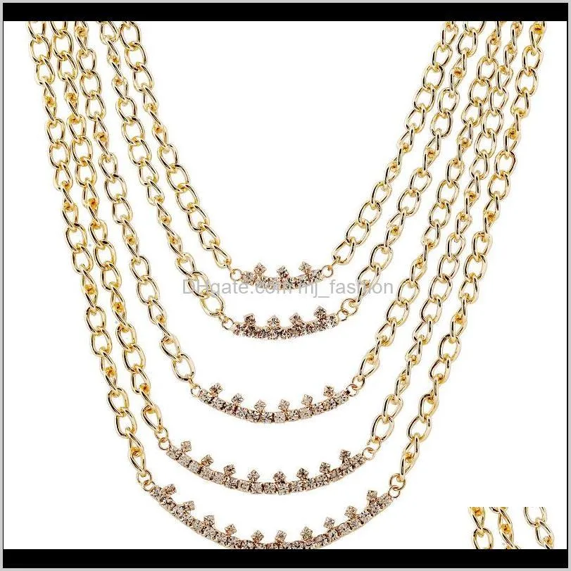 wholesale-luxury designer exaggerated geometric golden metal multi layer chain diamond choker sweater statement necklace for woman