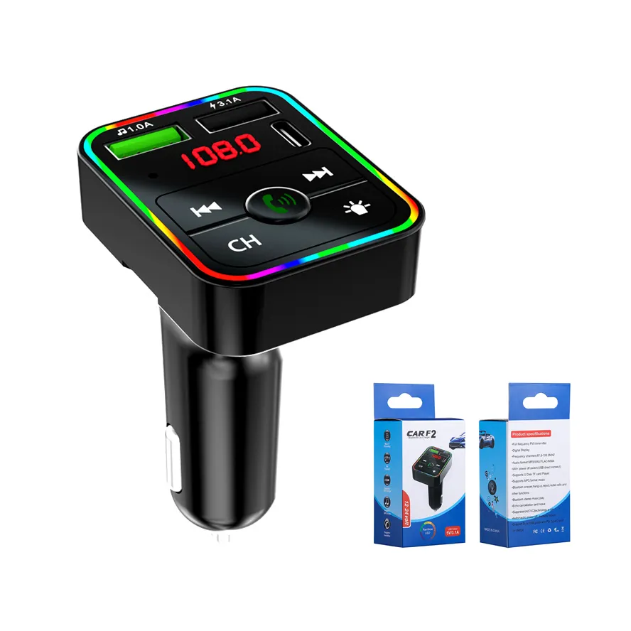 F2 Bluetooth Araç Kiti FM Verici MP3 Muisc Player Handsfree Kablosuz PD Hızlı Hızlı Arabalar Şarj 3.1A Destek TF Kart USB BT RGB LED Lamba Flaş