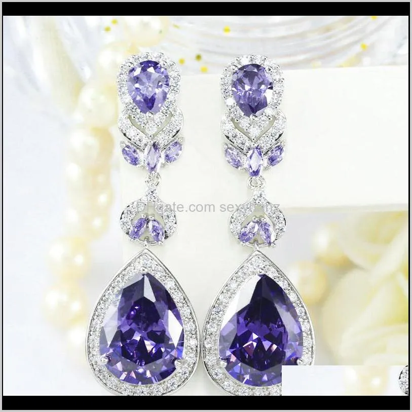 pera new arrival cubic zircon crystal round long big dangle tear drop flower leaf heart purple earrings wedding for women e405