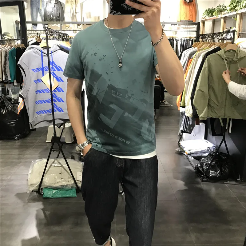 New Men's Trend Short Sleeved T-shirt Printing Slim Fit Summer Casual Tees Elastic Letter Personalized Flower Top Handsome Male Clothing M-4XL