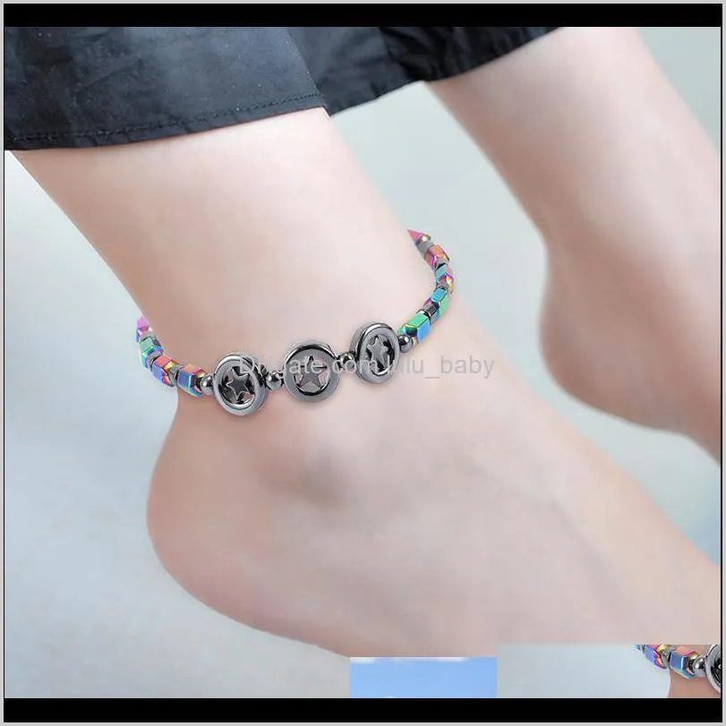 new circle five star pendant magnetic black stone bead anklet ab color health care magnetic anklets for women will and sandy drop ship