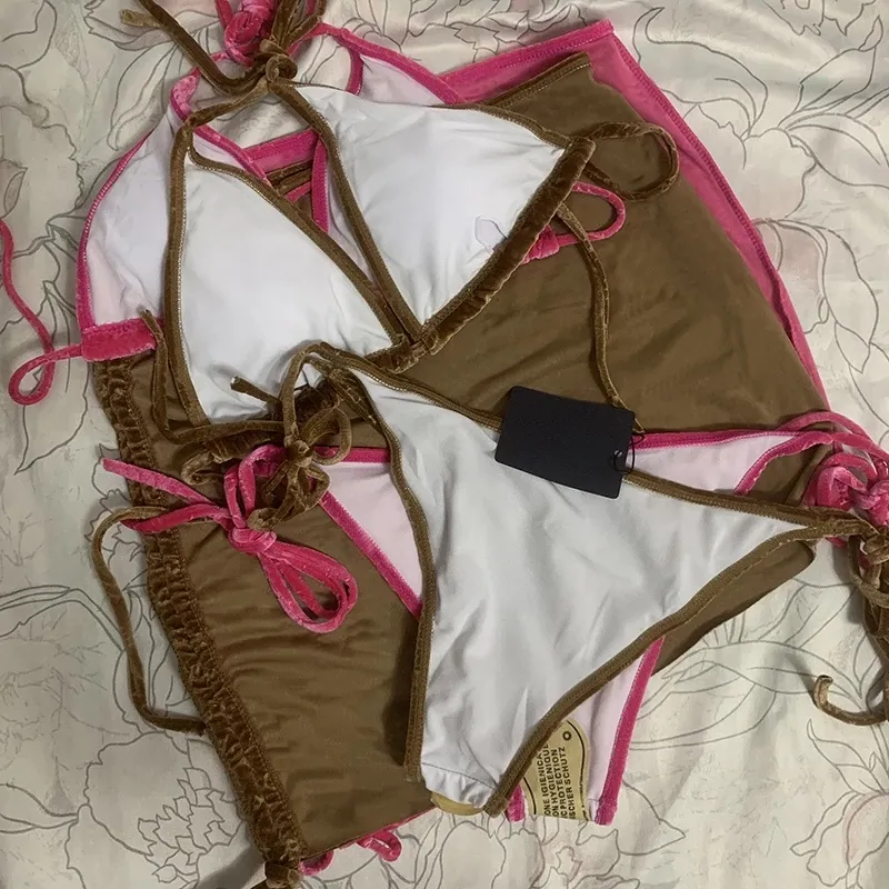 Velvet Bikinis Tasarımcısı Thong 2023 Marka Brezilyalı Mikro Üç Parça Bikini Setleri Seksi Mayo Etek Mayo Plajı Tag XL Biquinis Kadın Maillot de Bain