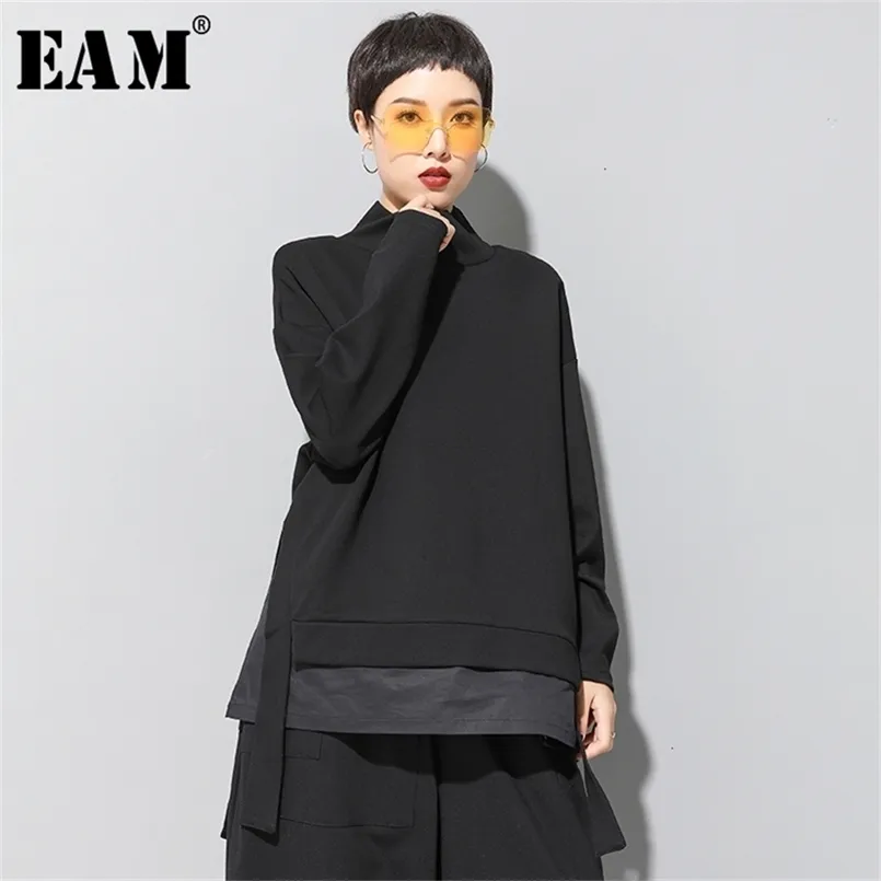 [EAM] Lös passform Asymmetrisk överdimensionerad Sweatshirt Hög krage Långärmad Kvinnor Stor Storlek Mode Vår Höst 19A-A124 210809