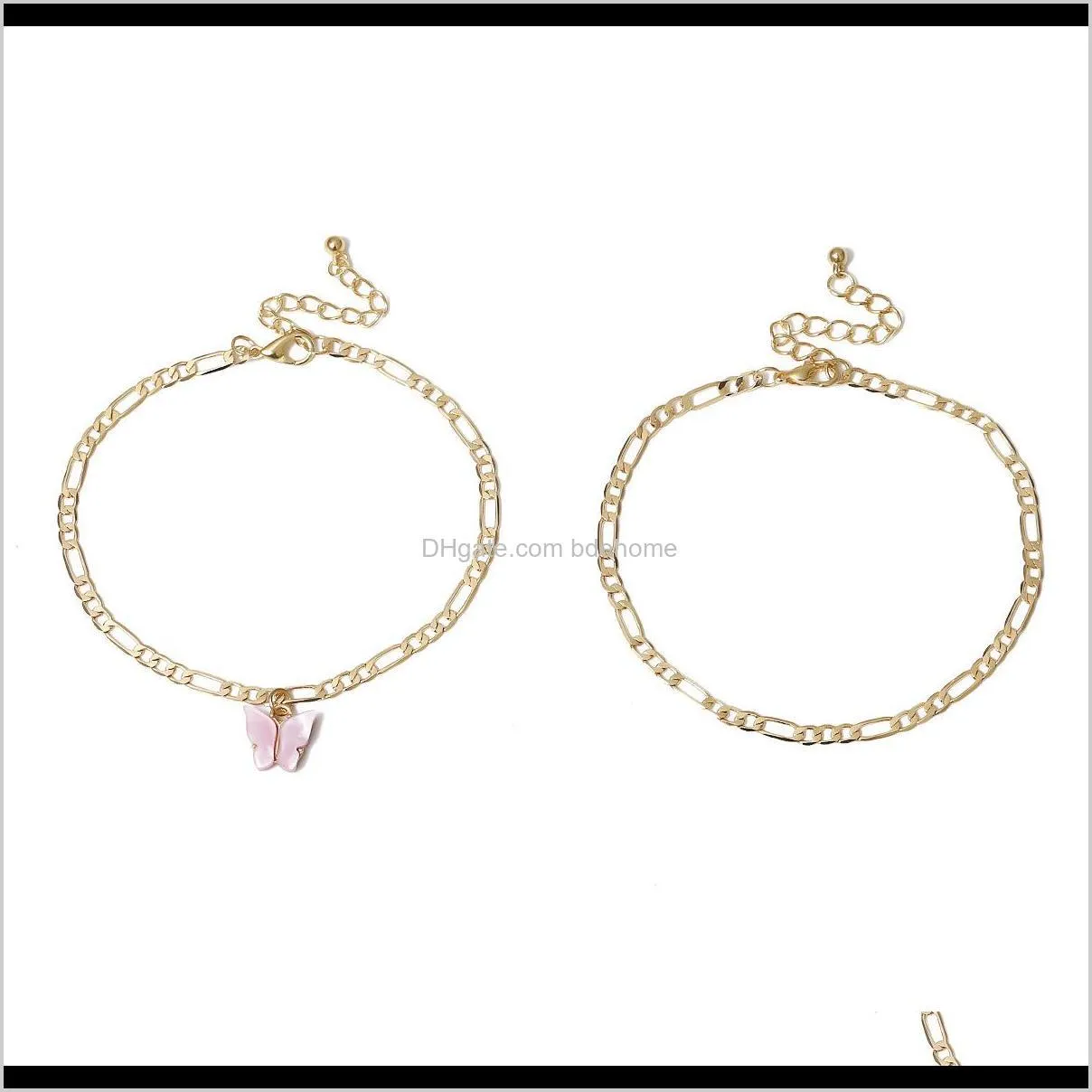 2020 pink butterfly anklet set gold plated jewelry women 2 layer cuban jewelry butterfly pendant with cuban link ankle bracelets