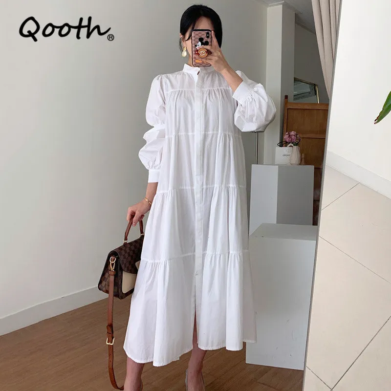 QATH STAND-UP Kraag Geplooid Puff Sleeve Jurk Single-Breasted Losse Lange Mouwen Jurk Dames Solid Causal Fashion Jurk QT613 210518