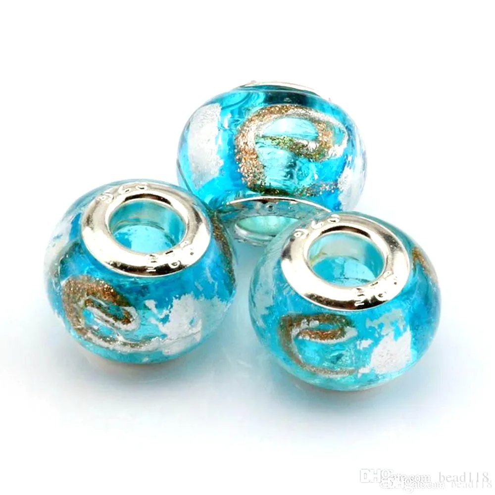 100 sztuk Sky Blue Folia Alfabet "E" Lampwork Szkło Duże dziury Przekładki Koraliki Fit Zroszony Bransoletka