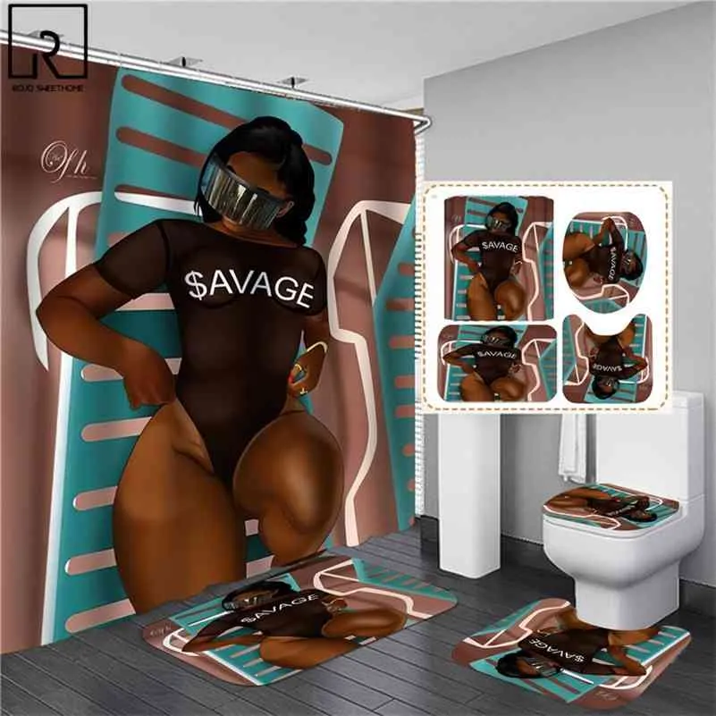 Svart African American Women Print Dusch Gardin Set Vattentät Badrum Gardiner Anti-Slip Soft Bath Mat Toalett Mattor WC Matta 210402