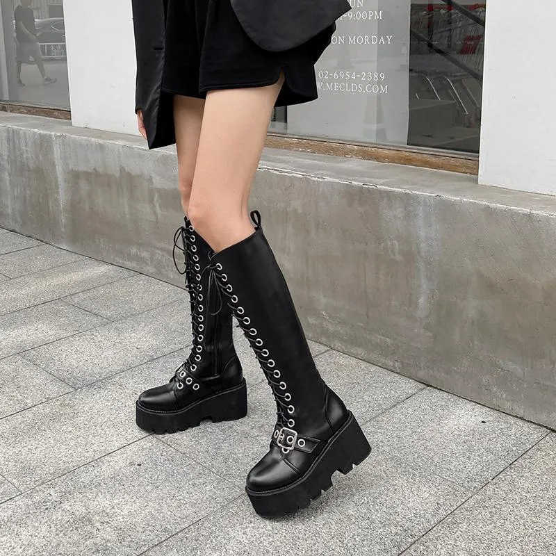 Acquistare Lacci Autunnali Da Donna, Stivali Piattaforma, Ginocchio Gotico  Nero, Rifiniture In Pelle, Settimana Della Moda, Scarpe Da Notte Tacco Alto  Scarpe Da Club Economico | Consegna Veloce E Qualità | DHgate Italy