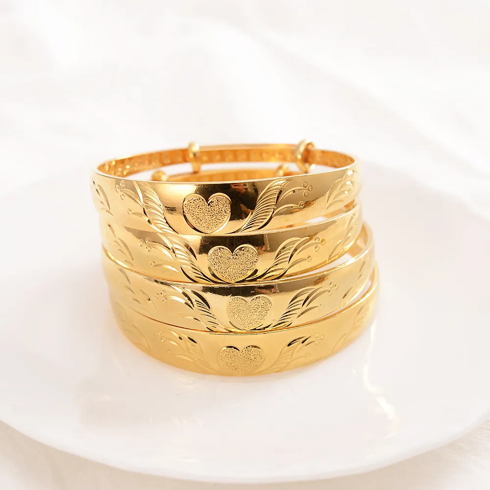 14 K Amarelo Fina Sólida Gold Bangle Cheio Mulheres Médio Oriente Árabe Africano Braceletes Heart Love Pulseira Ajustável Jóias