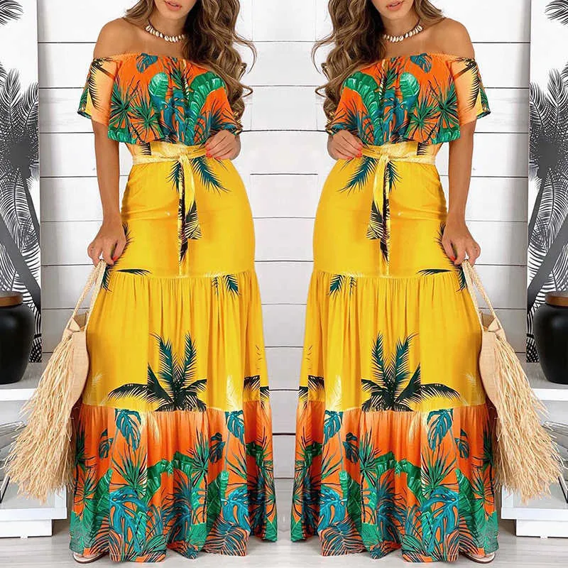 Fashion Women Off Shoulder Maxi Dress Party Wear Vacation Holiday Tropical Print Long Dress 210716