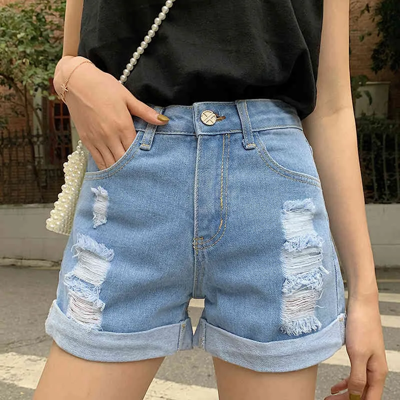 Summer Blue Vintage Casual Short Jeans Ladies High-Waist Crimping Denim Shorts Korean Hole Wild Pants Women 210429
