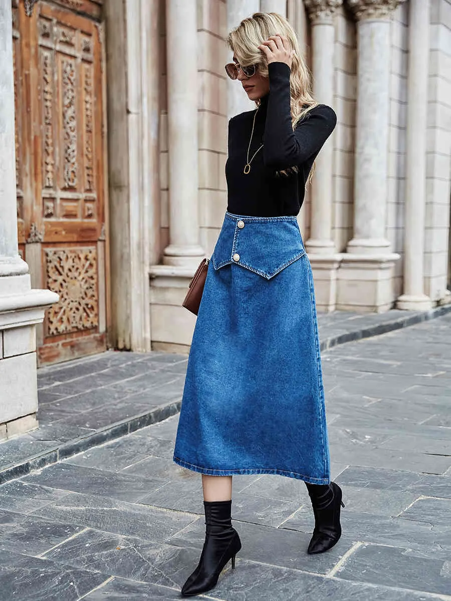 High Waist Button Front A Line Denim High Waisted Denim Skirt For Women Zipper Back Casual Streetwear For Autumn Winter Style 210510 From Cong00 20.1 DHgate.Com