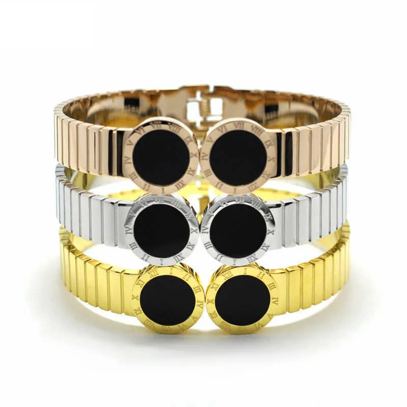 Marque de luxe Largeur Ceinture Bracelets Rond Noir Manchette Bracelets Bijoux En Acier Inoxydable Chiffre Romain Manchette Bracelets Hommes Femmes Q0717