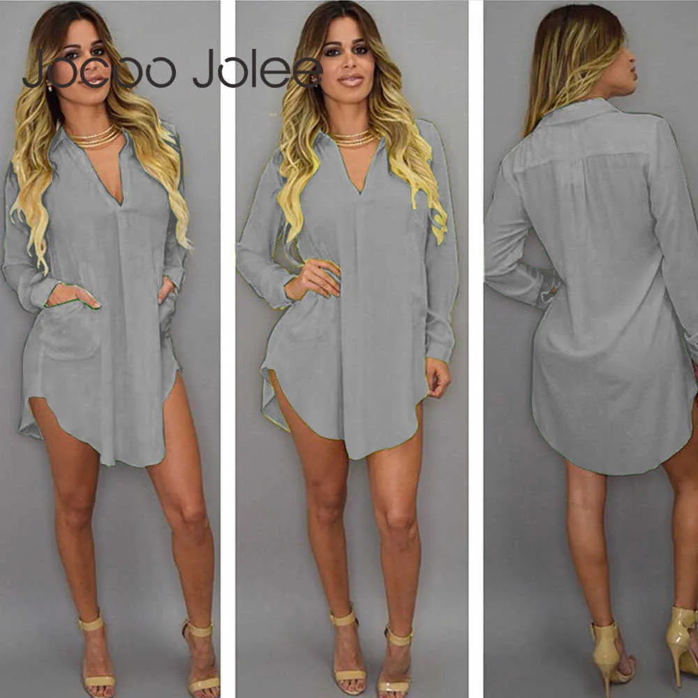 Jocoo Jolee Women Fashion V Neck Oregelbundet Chiffon Shirt Dress Casual Solid Long Tops Spring Long Sleeve Loose Blouse Plus Size 210619