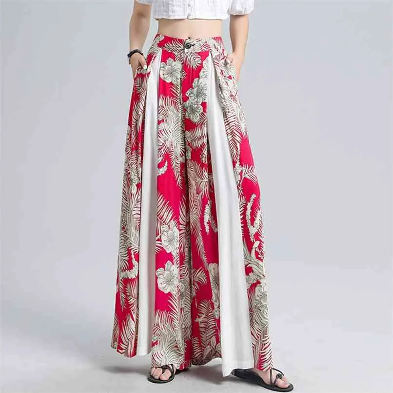 S-4XL Bohemian Large Size Red Printed Pants Women Elastic Waist Irregular Wide Leg Casual Long Trouser High Plus 210601