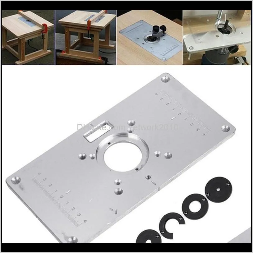 1 set multifunctional aluminum router table plate w/ 4 router insert rings screws for woodworking benches