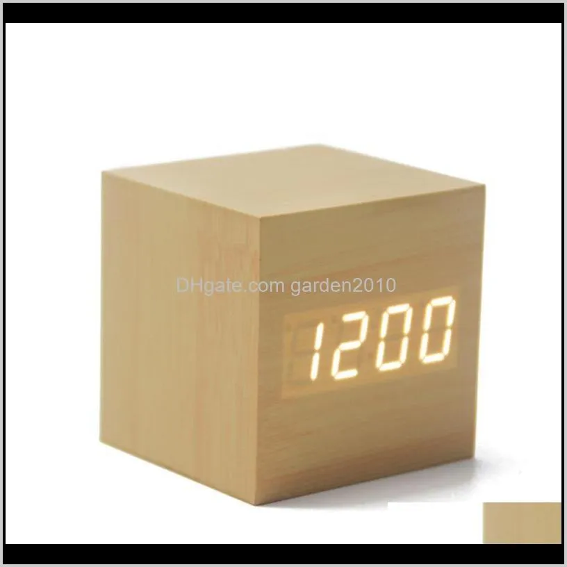 Altri accessori per orologi Creativo Led Orologio quadrato in legno Sveglia digitale multifunzione per la scuola domestica Legno di bambù Carattere bianco Wzxv 5Jq1J