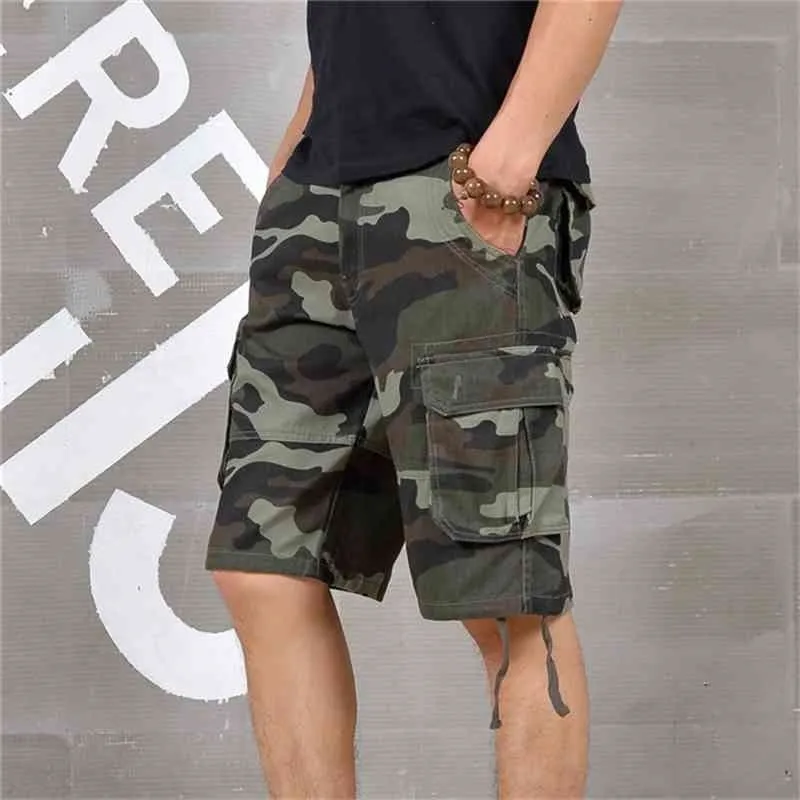 Summer Mens Baggy Multi Pocket Military Camo Shorts Cargo Loose Hot Breeches Male Long Camouflage Bermuda Capris Plus Size 210329