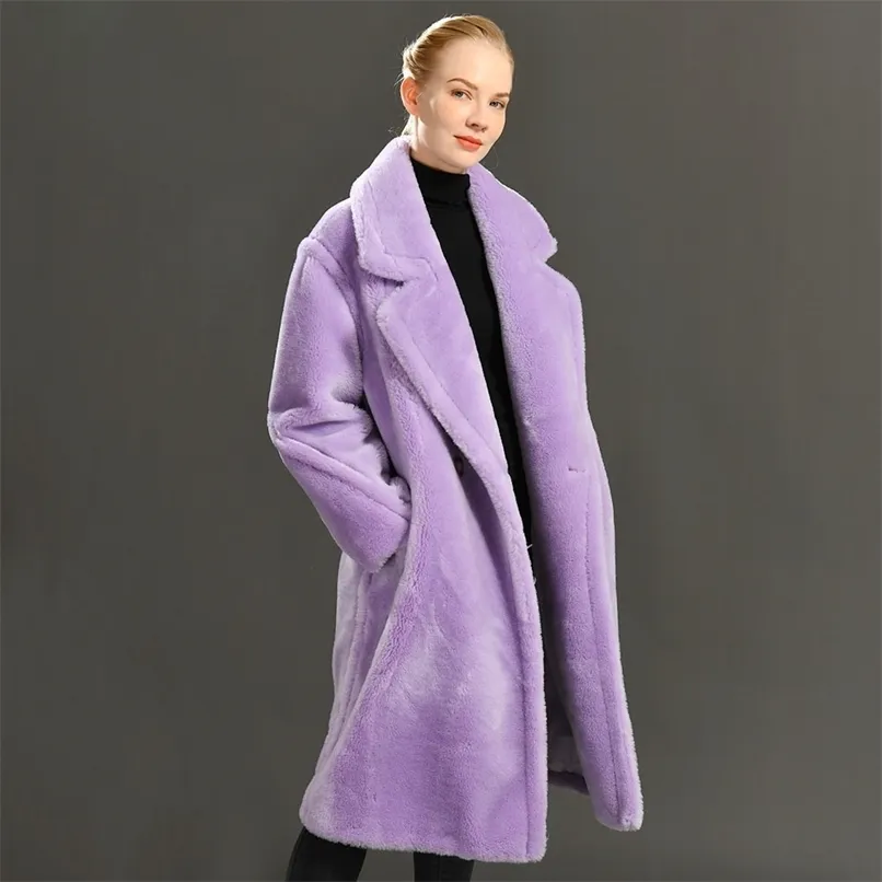 Women 100% Real Sheep Shearling Coat Casual Jacket Autumn Winter Long Sleeve Lapel Fur Outerwear Female Wool Teddy Bear Jacket 211019
