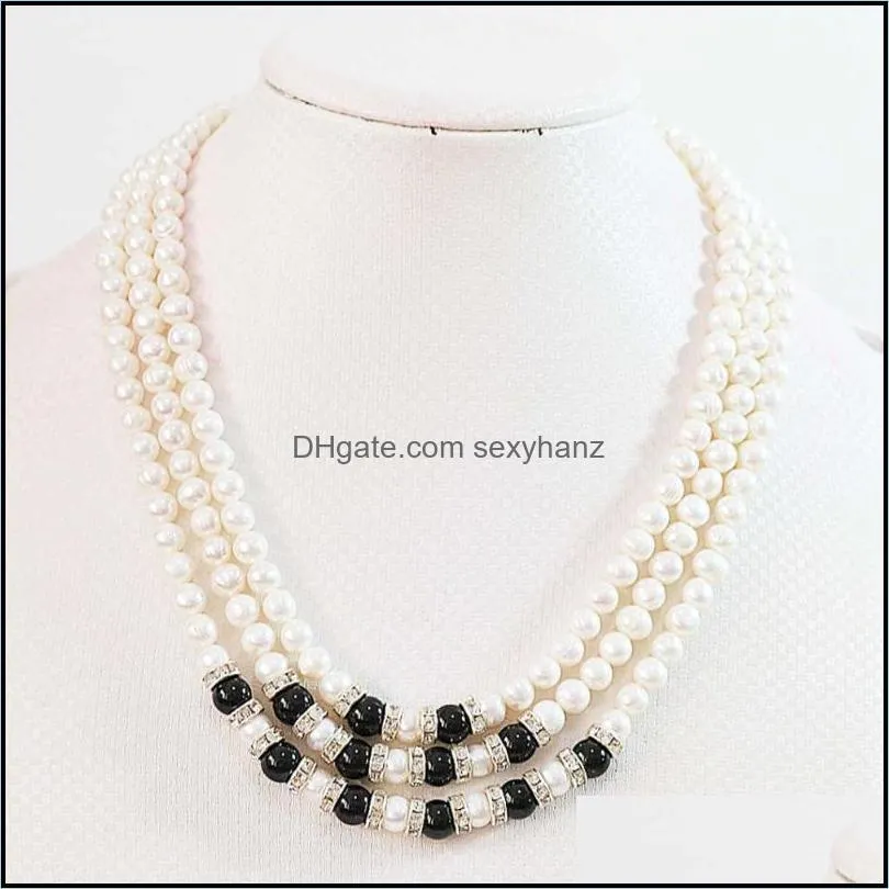 Natural White Freshwater Cultured Pearl 7-8mm Round Beads 3 Rows Chains Rope Necklace Weddings Party Gift Jewelry 17-19inch B646