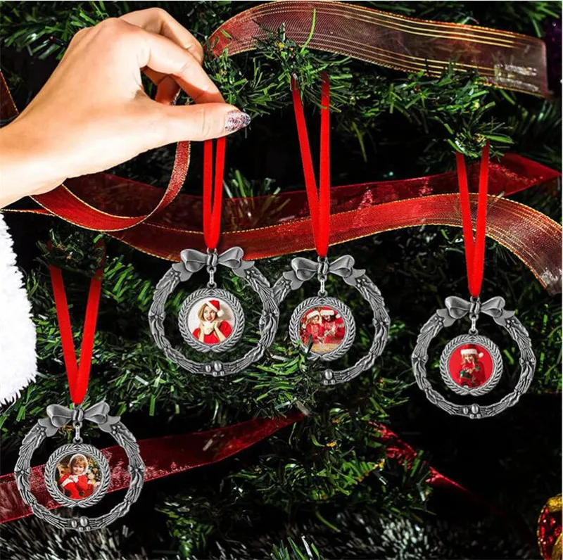 Ciondolo natalizio a doppio cerchio, bomboniera, ghirlanda di sublimazione, design a foglia, portachiavi con nastro rosso, gioielli in lega di zinco, festival, ornamenti per appendere il camino