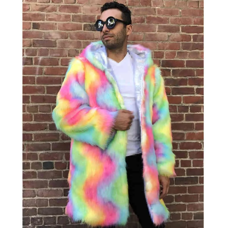 Mujeres Hombres Sudadera con capucha larga Rainbow Faux Fur Coat Invierno de alta calidad Thicking Warm Multicolor Leather Jacket Windbreaker 211213