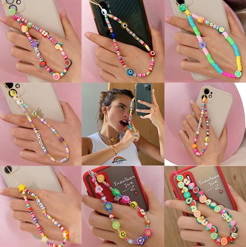 2021 schöne Handy-Riemen Charms Strap Lanyard bunte Lächeln Perle weiche Keramik Seil Fall hängende Schnur Frauen