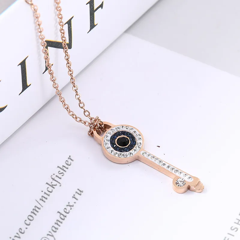 Ny Trendy Fadeless Rostfritt Stål Evil Eye Key Pendant Halsband Smycken för Kvinnor