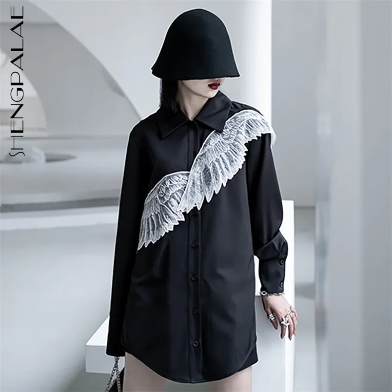 personlaity spliced mesh wing blouse women's spring laple loose single breasted long sleeve shirt female 210427