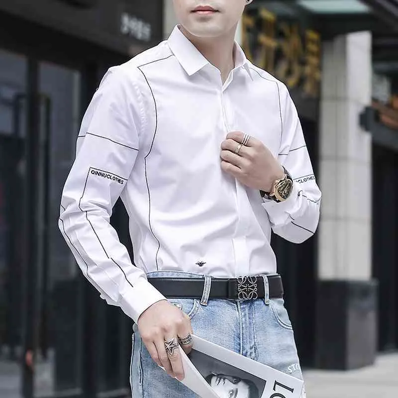 Haft Koszule dla mężczyzn z długim rękawem Slim Fit Casual Casual Male Business Formal Sukienka Koszule Cootton Office Odzież Odzież 210527