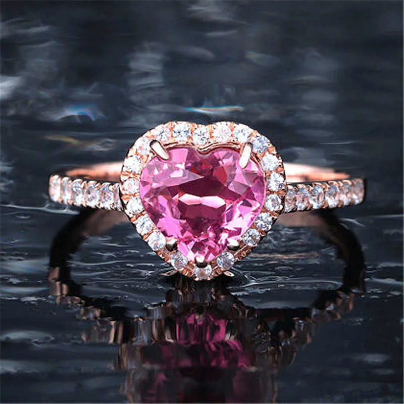 Bagues pour femmes bijoux en cristal bague d'amour en forme de coeur rose naturel plaqué or rose grappe de diamants en vrac pour les styles de bande féminine