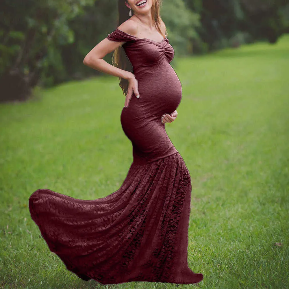 Sexy Maternity Dresses Lace Long Dress Off Shoulders Ruffles Pregnancy Dress Photography Prop Maxi Gown For Women Clothes X0902