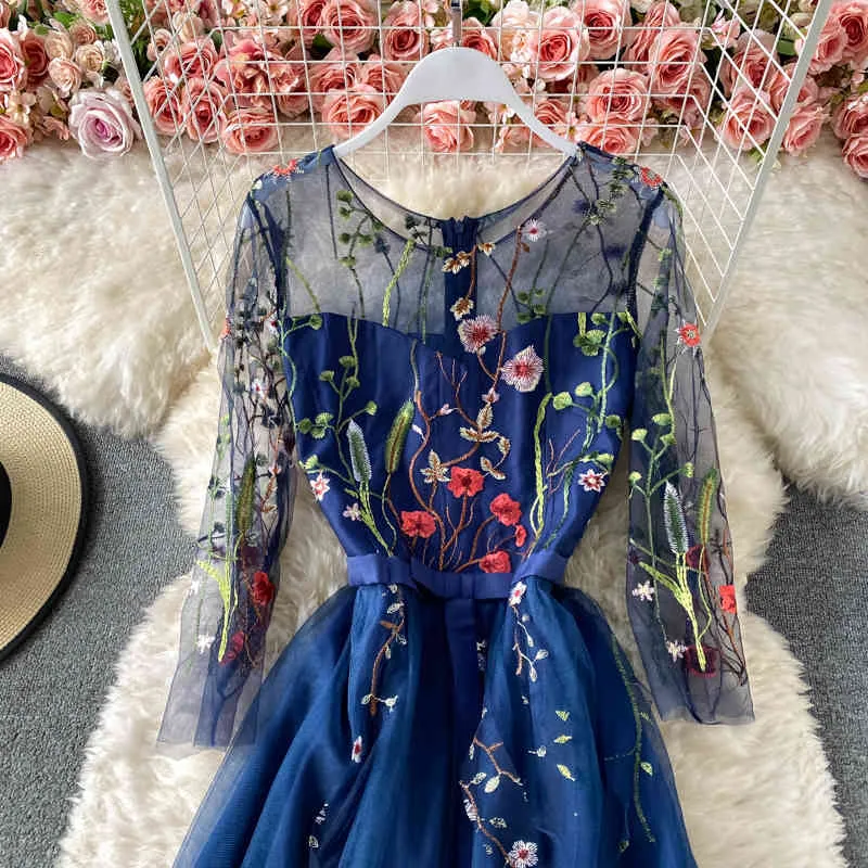 shein embroidered dress Elegant Embroidered Belted Lace-Up Dresses main image 1