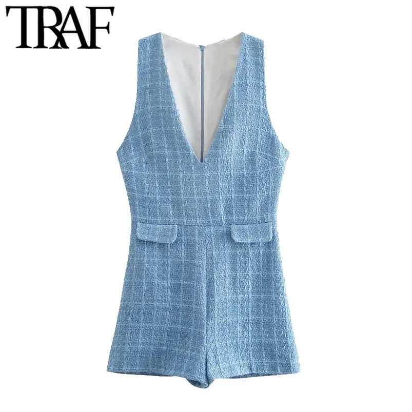 Mulheres Chic Moda Falso Pockets Tweed Playsuits Vintage Sem Mangas Back Zipper Feminino Curto Jumpsuits Mujer 210507