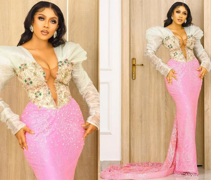 2021 Plus Size Arabo Aso Ebi Rosa Abiti da ballo a sirena di lusso con perline Cristalli di pizzo Abiti da sera per feste convenzionali Abiti da ricevimento ZJ224