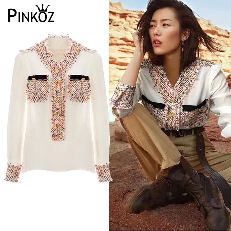 Women Office Lady Blouses Crepe Spring Long Sleeved Two Chest pockets Patchwork Tweed Celebrity Style Blouse Shirt 210421