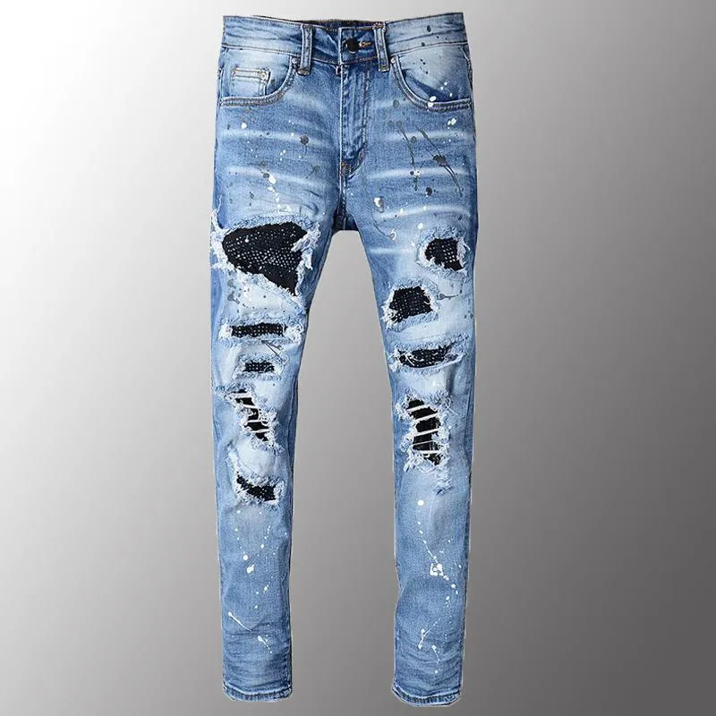 Luxury Jeans Mens Mäns Rhinestone Crystal Patchwork Light Blue Ripped Slim Fit Skinny Stretch Denim Byxor