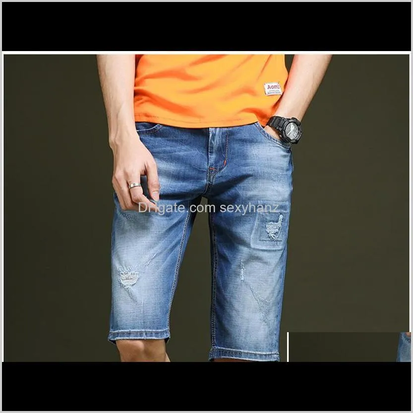 2018 new summer fashion skinny mens denim blue shorts casual knee length short hole jeans shorts