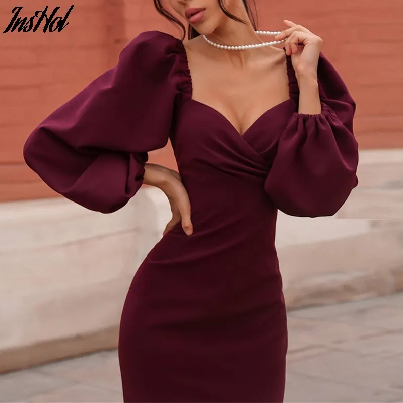 Sexy Pure V Neck Off Shoulder Bodycon Dress Women Autumn Winter Club Party Night Red Elegant Midi Dress Mujer Black Dress 210514