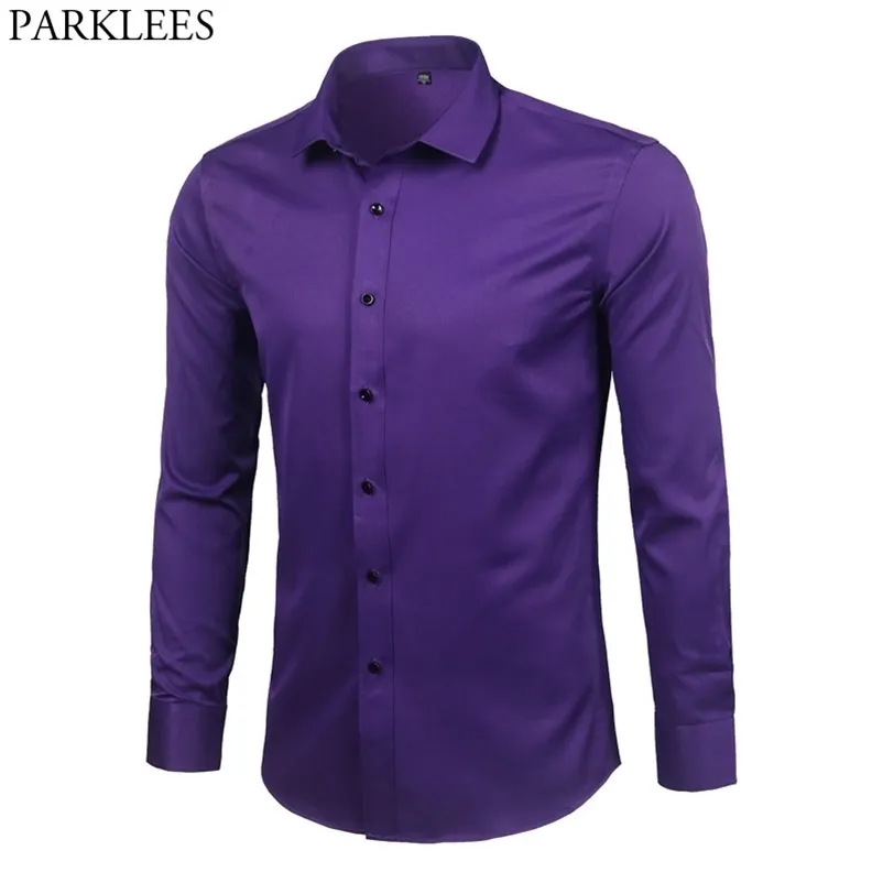 Púrpura para hombre de fibra de bambú vestido camisa marca slim fit manga larga chemise homme no hierro fácil cuidado formal para hombres 210730