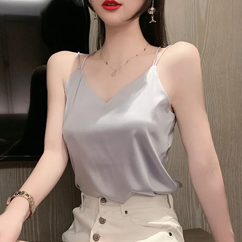 Korean Silk Women Tops Camis Sexy Halter Woman Sleeveless Satin Tank Plus Size White V Neck 210427