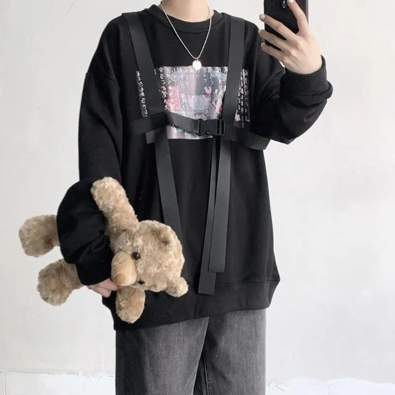 Kvinnors Tröjor Vår Harajuku Kawaii Anime Hoodie Kvinnor Kpop Kläder Gotiska Streetwear Ribbon Punk Sweatshirt Koreanska Överskridanden