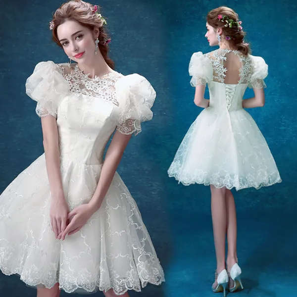 Branco Bubble Sleeve Curto Homecoming Vestidos Lace Tulle Sweety Princess Vestido Appliques Império Art Deco-Inspired Neck Skirt