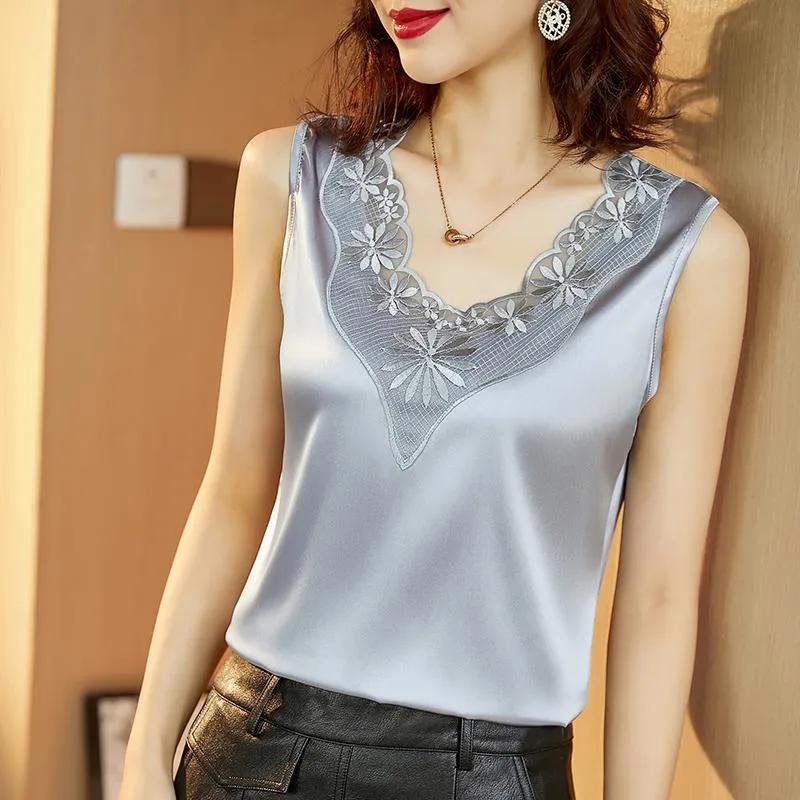 Женские блузки рубашки корейский стиль шелковая рубашка, блузка, атласная топ, вышитая вершина