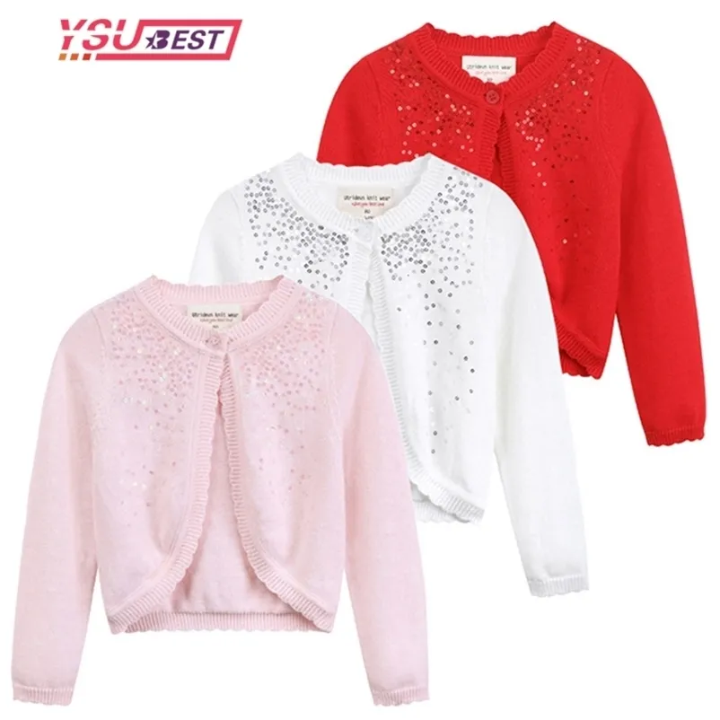 Kids Girls Cardigans Sequins Coats Långärmad tröja Jacka Flicka Öppna Fram Sticka Bolero Shrug Outwear Children Sweater Topp 211106